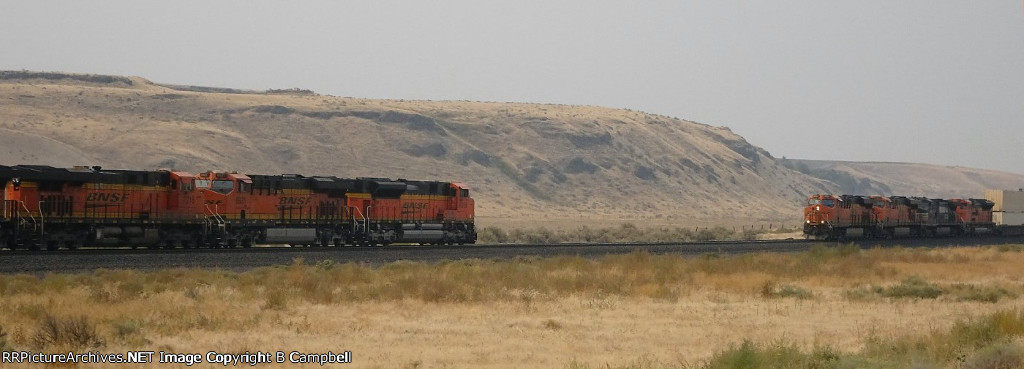 BNSF 9056-BNSF 6931-BNSF 7216 and BNSF 6637-BNSF 6021-NS 9436-BNSF 9127